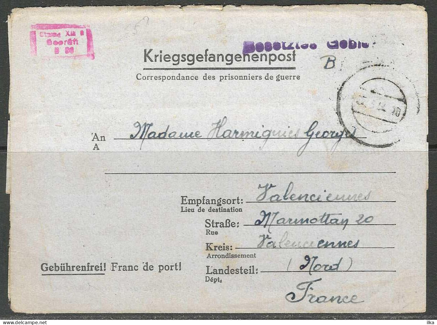 Kriegsgefangenenpost - Correspondance Des Prisonniers De Guerre. 27/05/44 >> Valenciennes - Nord - France. - Courriers De Prisonniers