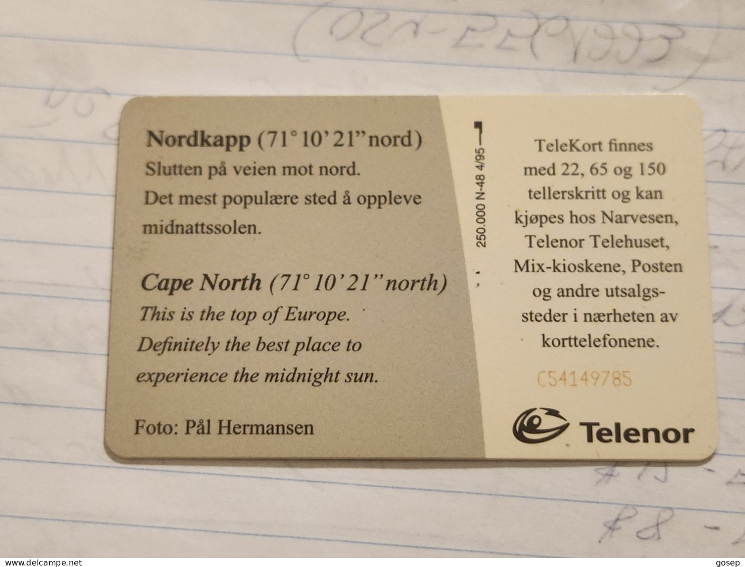 Norway-(n-48)-nordkapp-(65tellerskritt)-(42)-(C54149785)-used Card+1card Prepiad Free - Norwegen