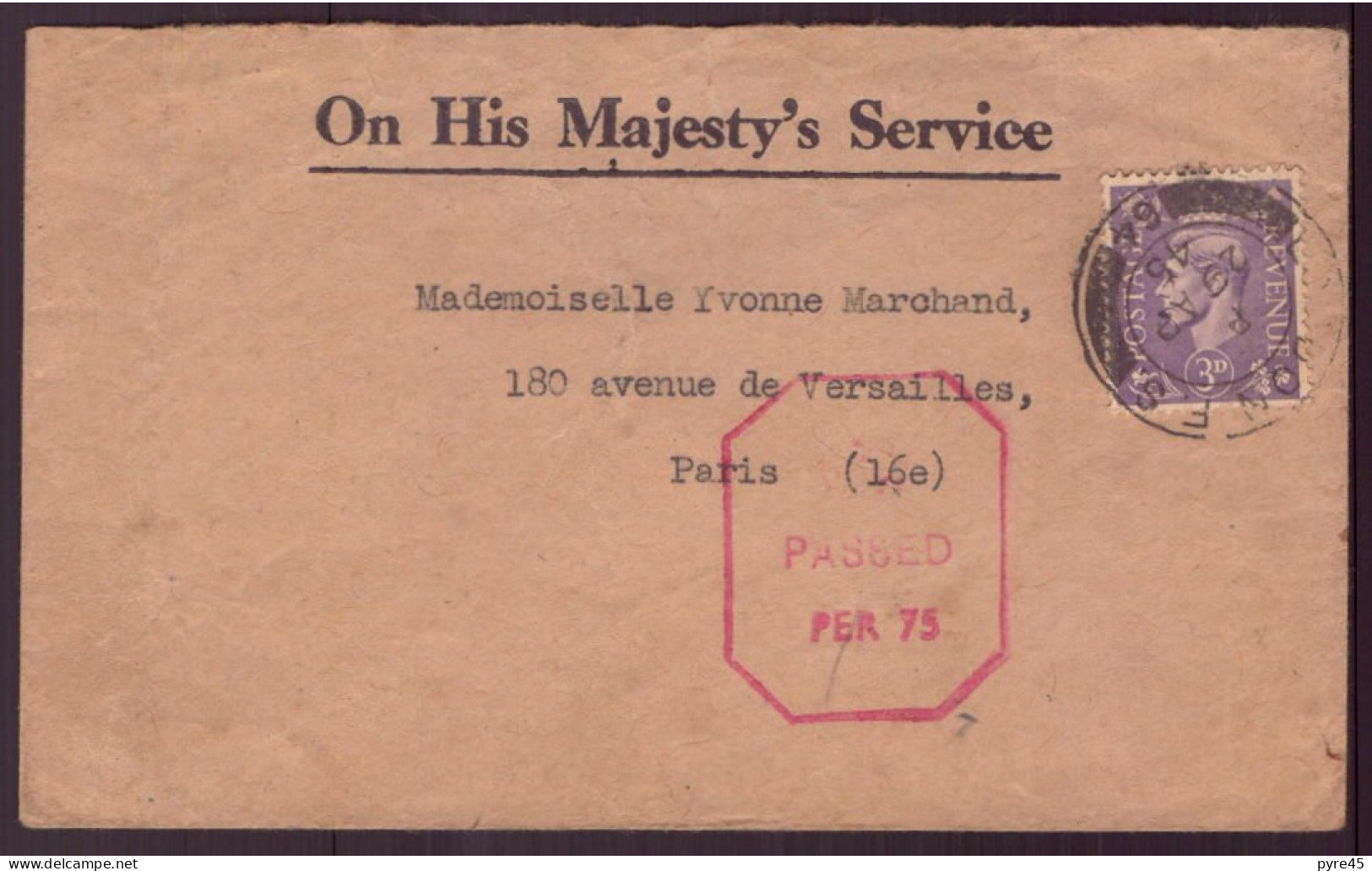 Grande-Bretagne, Enveloppe De 1945 Pour Paris, Tampon De Vérification - Ohne Zuordnung