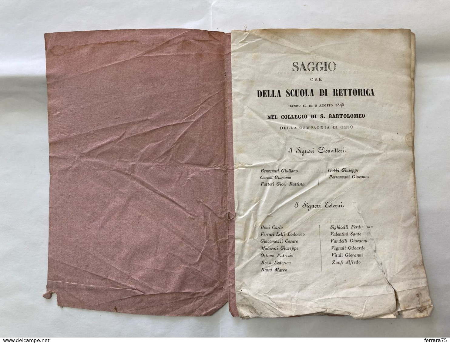 SAGGIO SCUOLA DI RETTORICA COLLEGIO S.BARTOLOMEO DI GESù EREDI SOLIANI 1845. - Oude Boeken