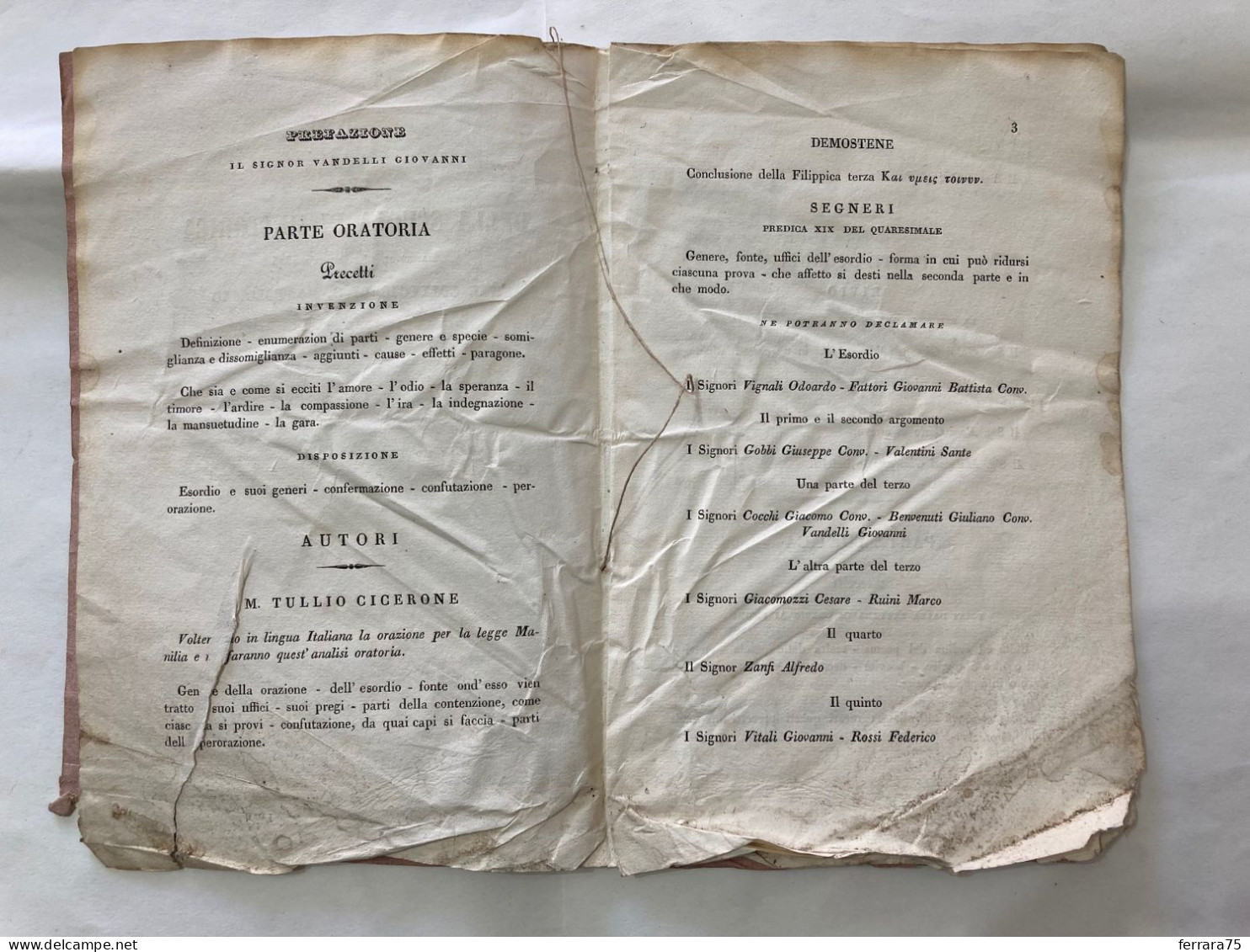 SAGGIO SCUOLA DI RETTORICA COLLEGIO S.BARTOLOMEO DI GESù EREDI SOLIANI 1845. - Livres Anciens