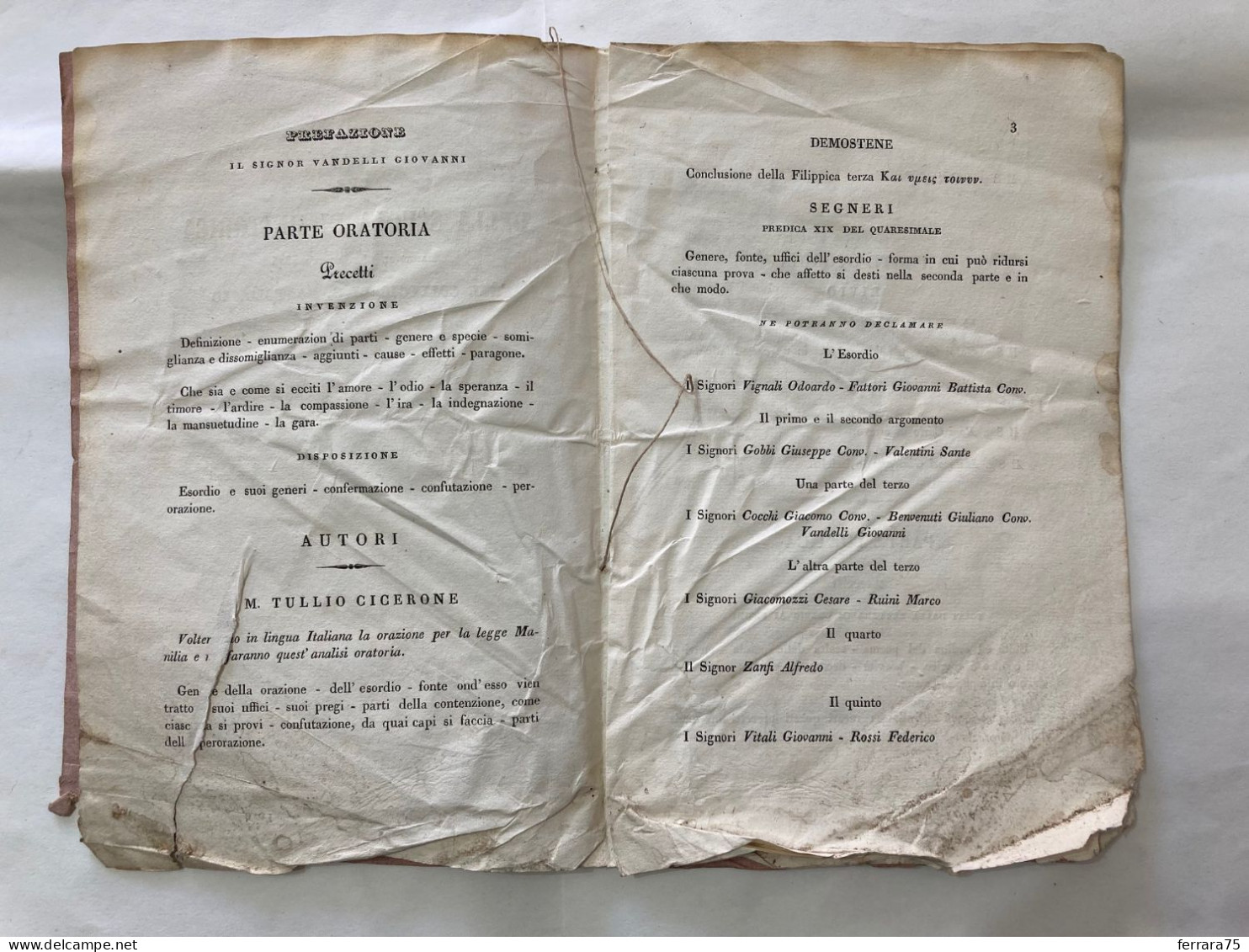 SAGGIO SCUOLA DI RETTORICA COLLEGIO S.BARTOLOMEO DI GESù EREDI SOLIANI 1845. - Old Books