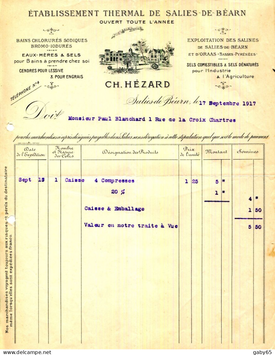 FACTURE.64.SALIES DE BEARN.ÉTABLISSEMENT THERMAL DE SALIES DE BEARN.CH.HÉZARD. - Sports & Tourism