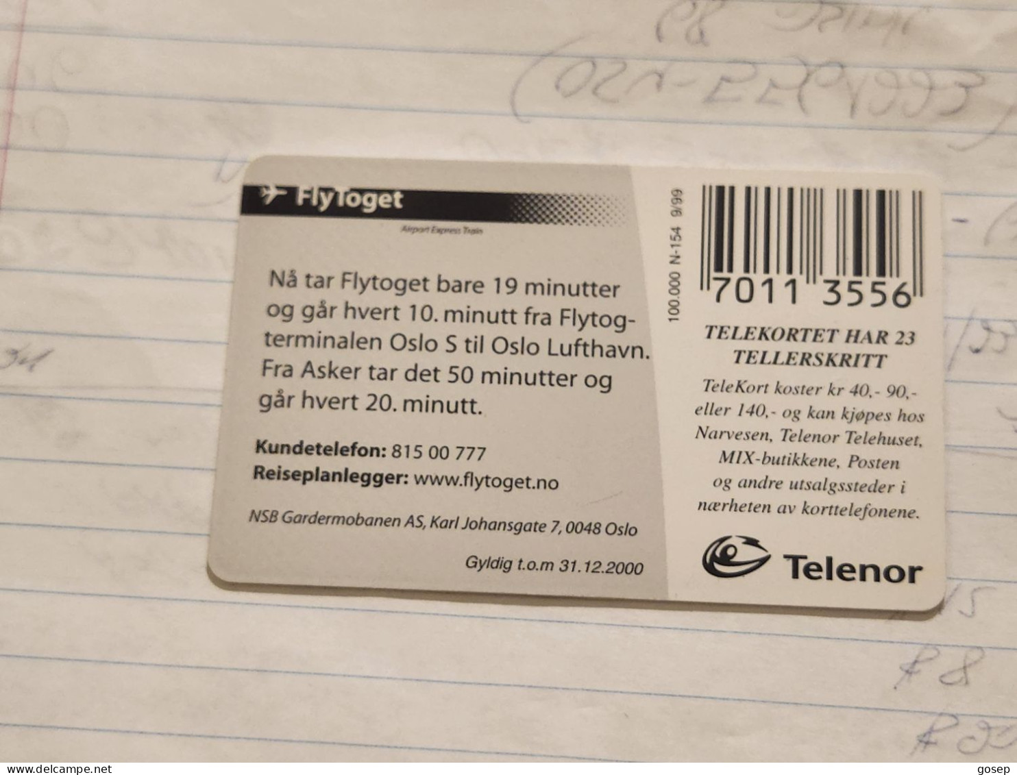 Norway-(n-154)-fly Toget-(kr40)-(48)-(?)-used Card+1card Prepiad Free - Norway