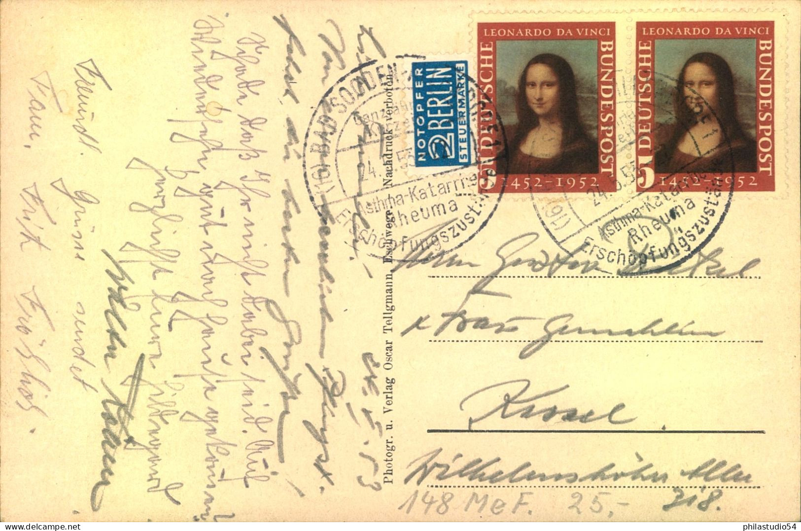 1953, 2-maö ;Mona Lisa Auf Postkarte Ab BAD SODEN ALLENDORF - Brieven En Documenten