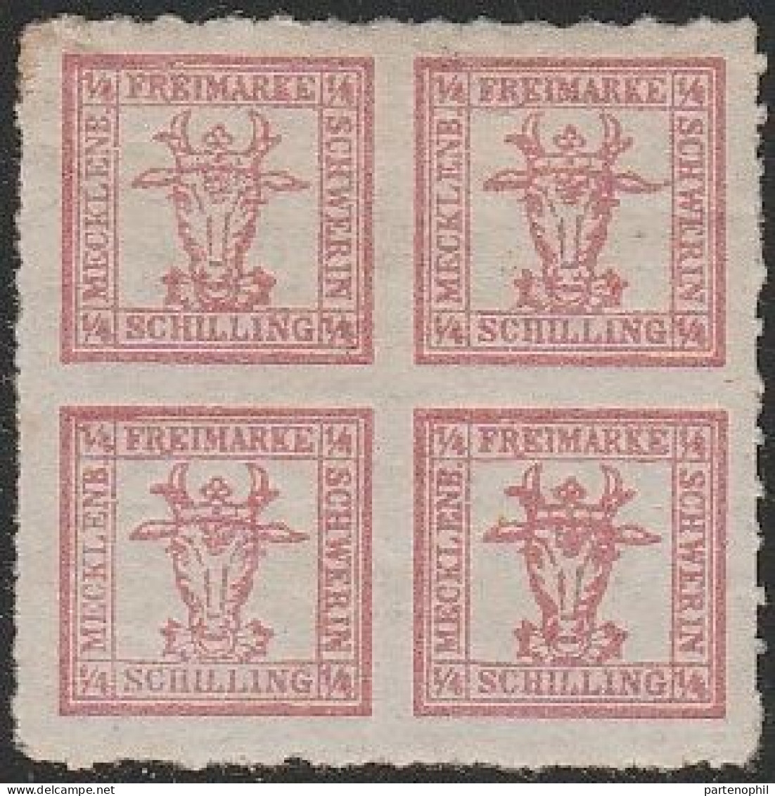 485 Mecklenburg-Schwerin 1852 - 1864 - Stemma, 4/4 S. Rosso, N. 8. Firmato A. Diena. MH - Mecklenbourg-Schwerin