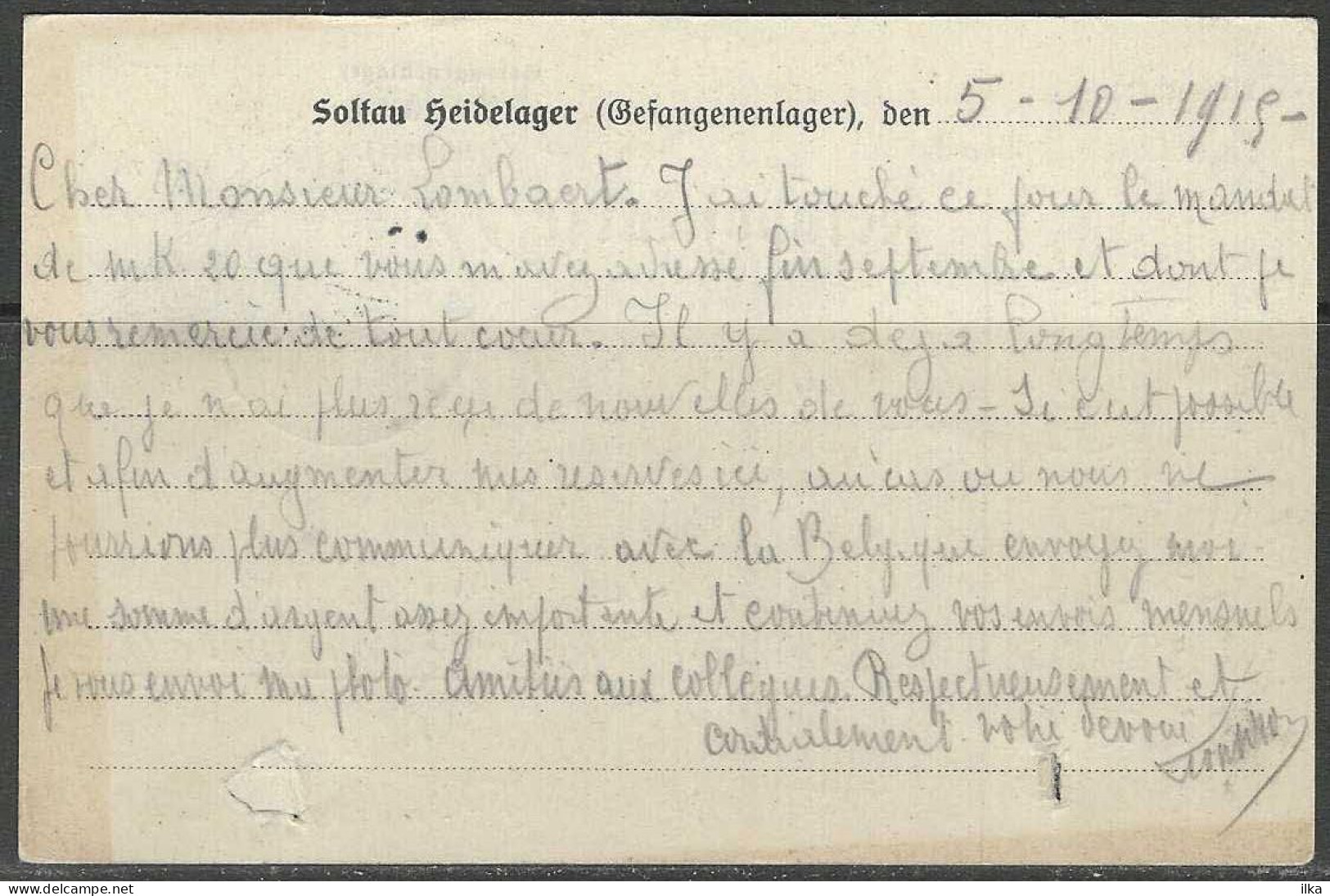 Feldpostkarte.10/10/1915. Kriegsgefangenen Léon Wion Prisonnier Belge Kann Befördert Worden SOLTAU Hannover > Bruxelles - Courriers De Prisonniers