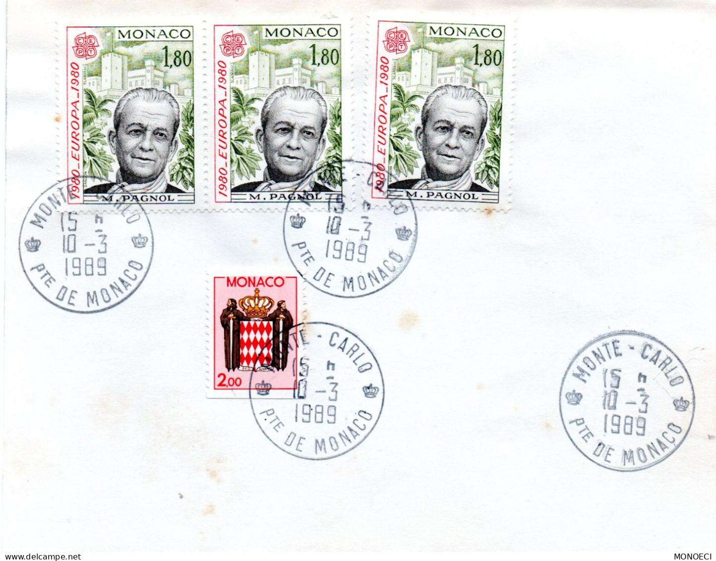 MONACO -- MONTE CARLO -- Devant D'enveloppe -- 3 Timbres Marcel PAGNOL 1 F. 80 & Timbre Armoiries 2 F. - Used Stamps