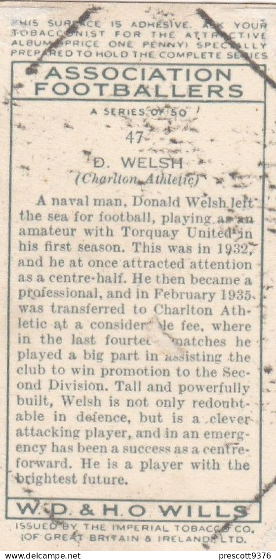 47 Donald Welsh. Charlton Athletic - Wills Cigarette Card - Association Footballers, 1935 - Original Card - Sport - Wills