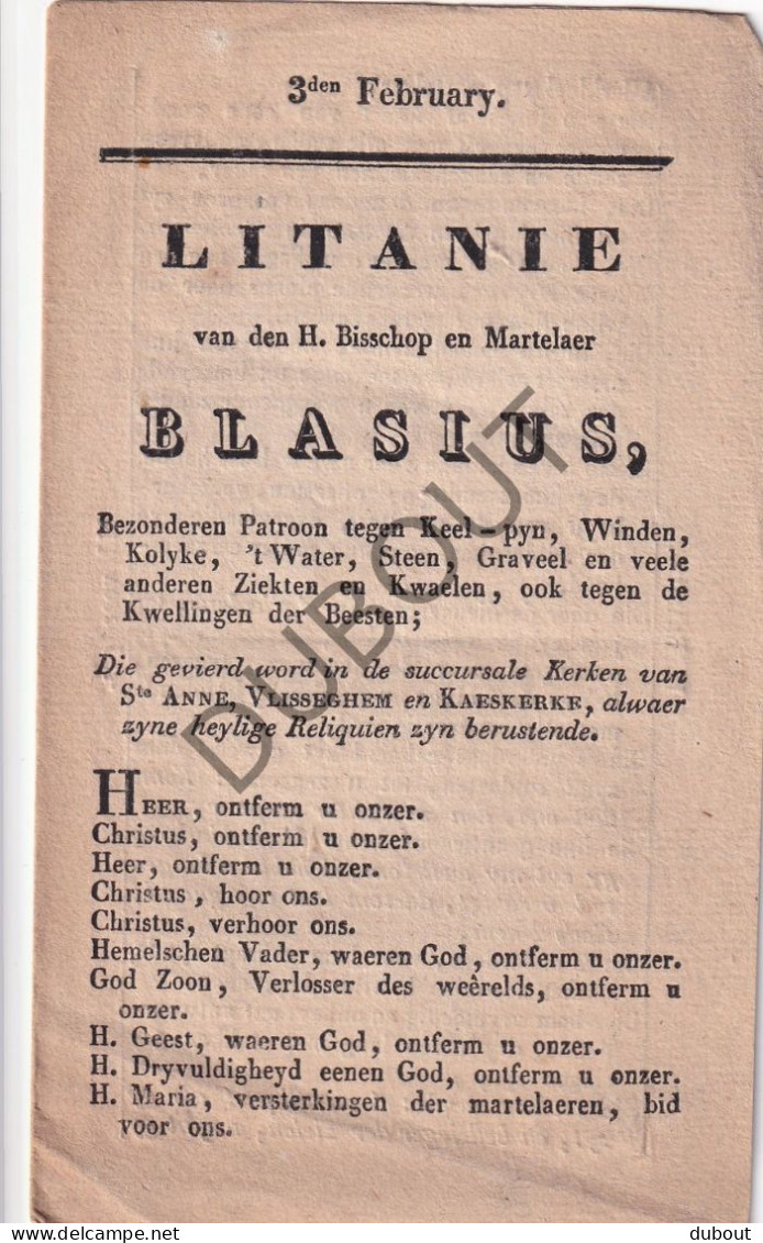 Litanie H. Blasius Kerk Vlissegem, Kaaskerke, St. Anna, Gedrukt Te Brugge, C. De Moor †1850  (V2936) - Andere & Zonder Classificatie