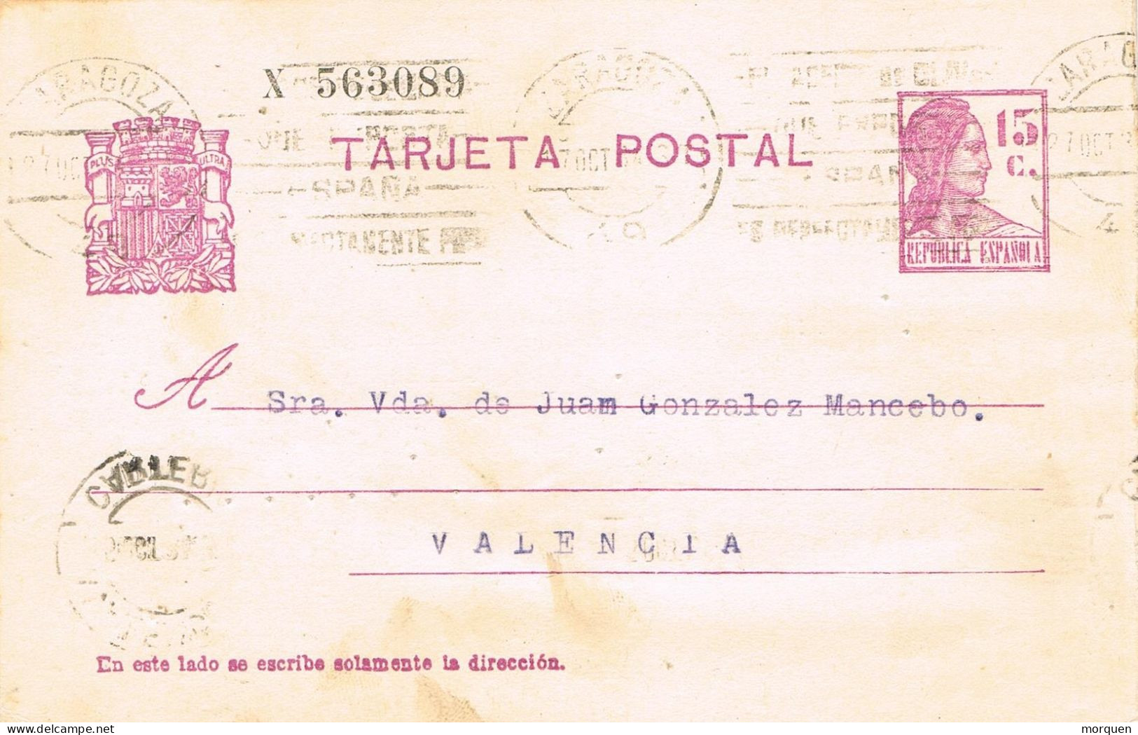 53862. Entero Postal ZARAGOZA  1934. Republica. Tampon Cimercial. Al Dorso Carteria Valencia - 1931-....