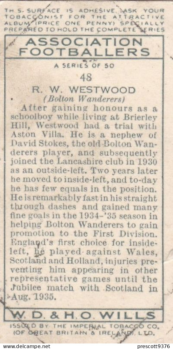 48 R Westwood, Bolton Wanderers  - Wills Cigarette Card - Association Footballers, 1935 - Original Card - Sport - Wills