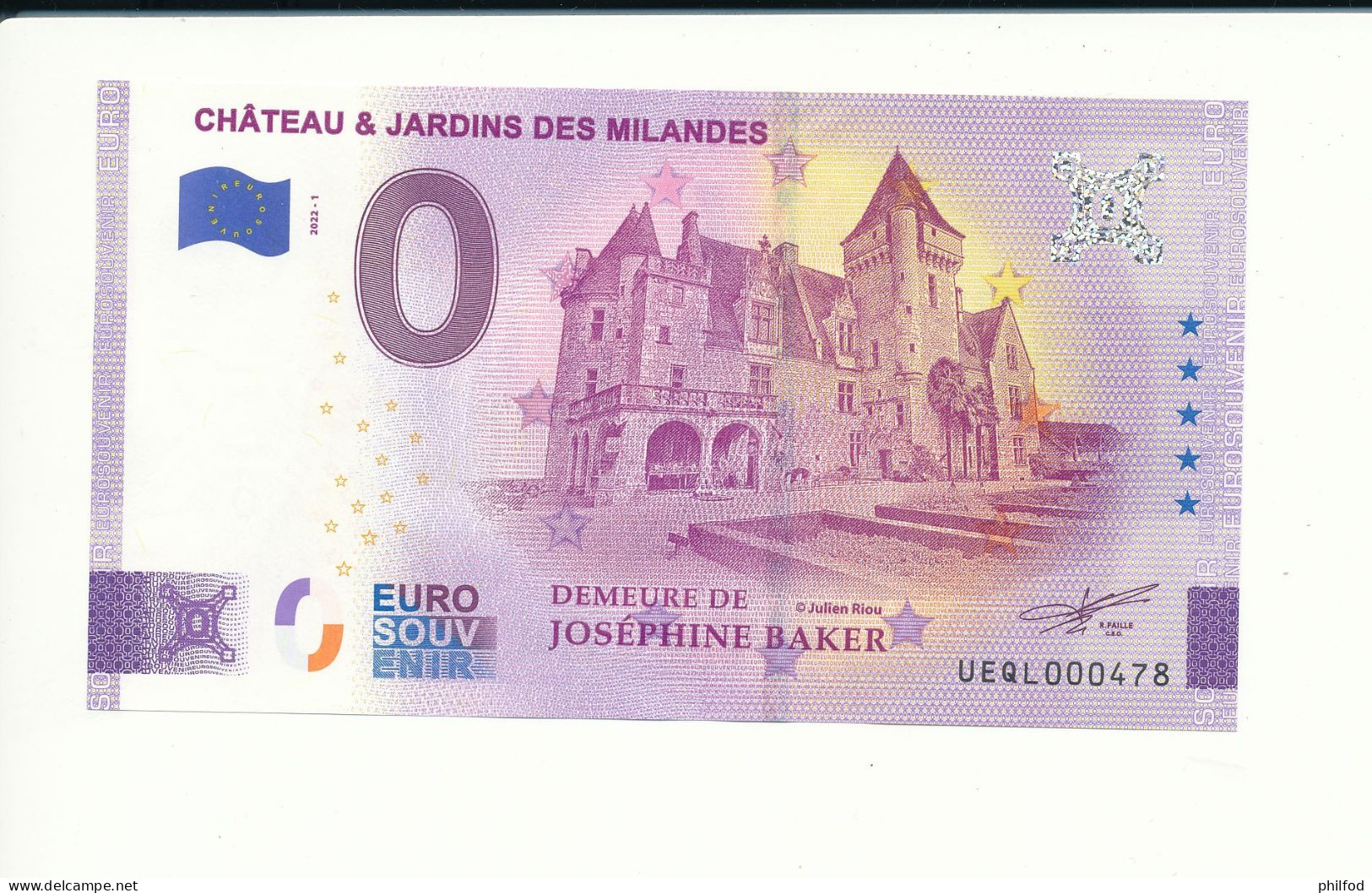 Billet Touristique  0 Euro  - CHÂTEAU & JARDINS DES MILANDES - 2022-1 - UEQL - N° 478 - Altri & Non Classificati