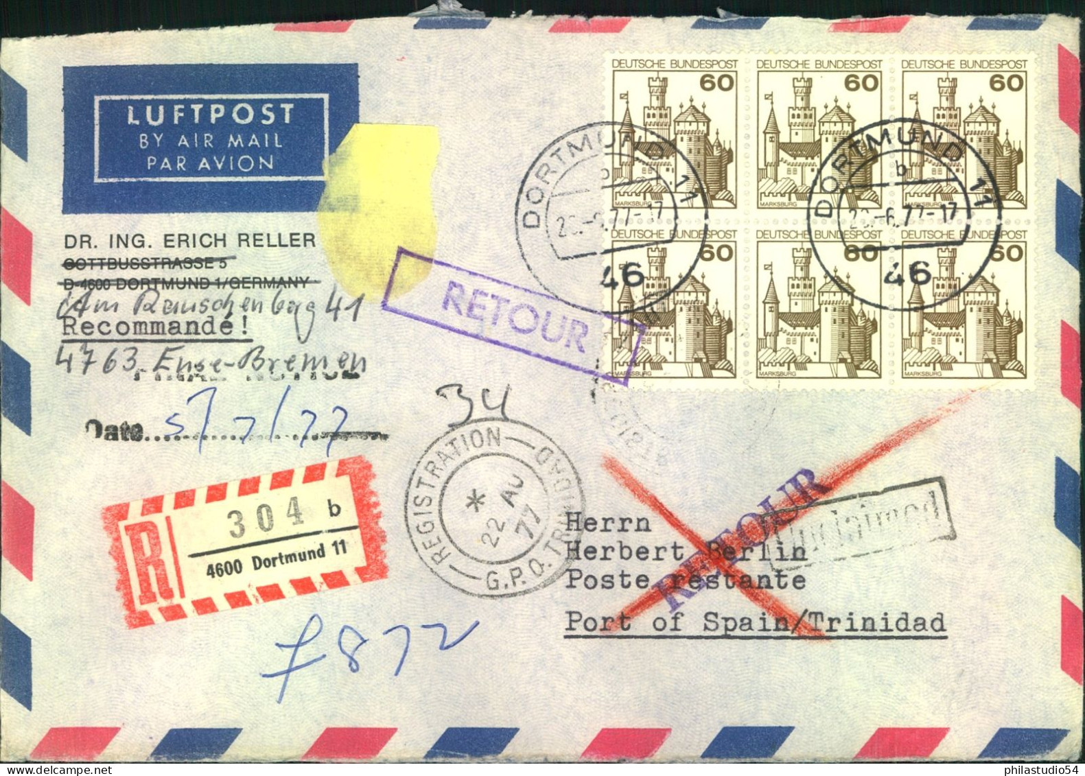 1977, 60 Pf. B & S Im 6-er-Block Auf LuPo - R-Brief Ab Düsseldorf  Nach Trinidad - Cartas & Documentos