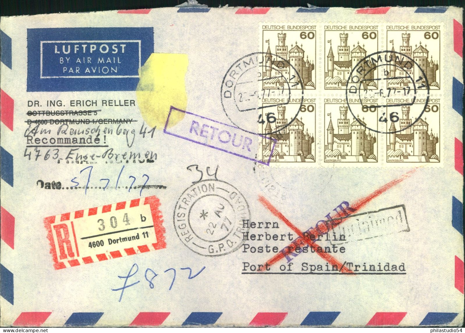 1977, 60 Pf. B & S Im 6-er-Block Auf LuPo - R-Brief Ab Düsseldorf  Nach Trinidad - Briefe U. Dokumente