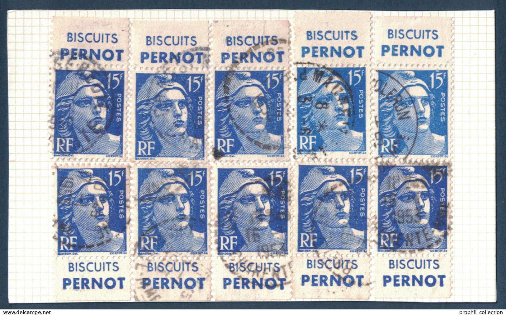 CARNET RECONSTITUÉ De 10 TIMBRES Au TYPE MARIANNE De GANDON N° 886 Avec BANDES PUBLICITÉ BISCUITS PERNOT - Used Stamps