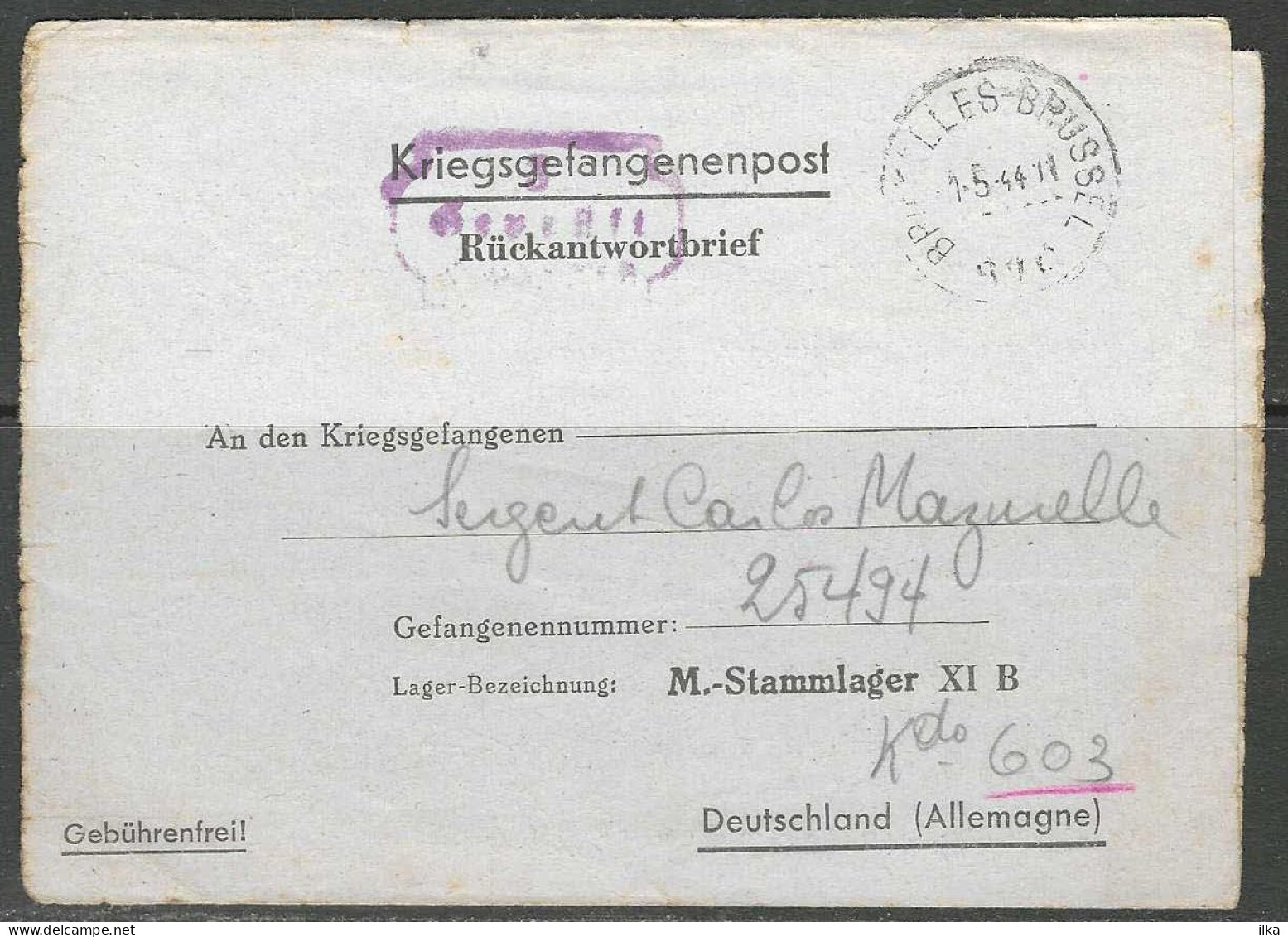 Kriegsgefangenenpost - Mme R. Mazurelle Bruxelles >> Sergent C. Mazurelle Gef. N° 25494 M.-Stammlager XI B Deutschland. - Courriers De Prisonniers