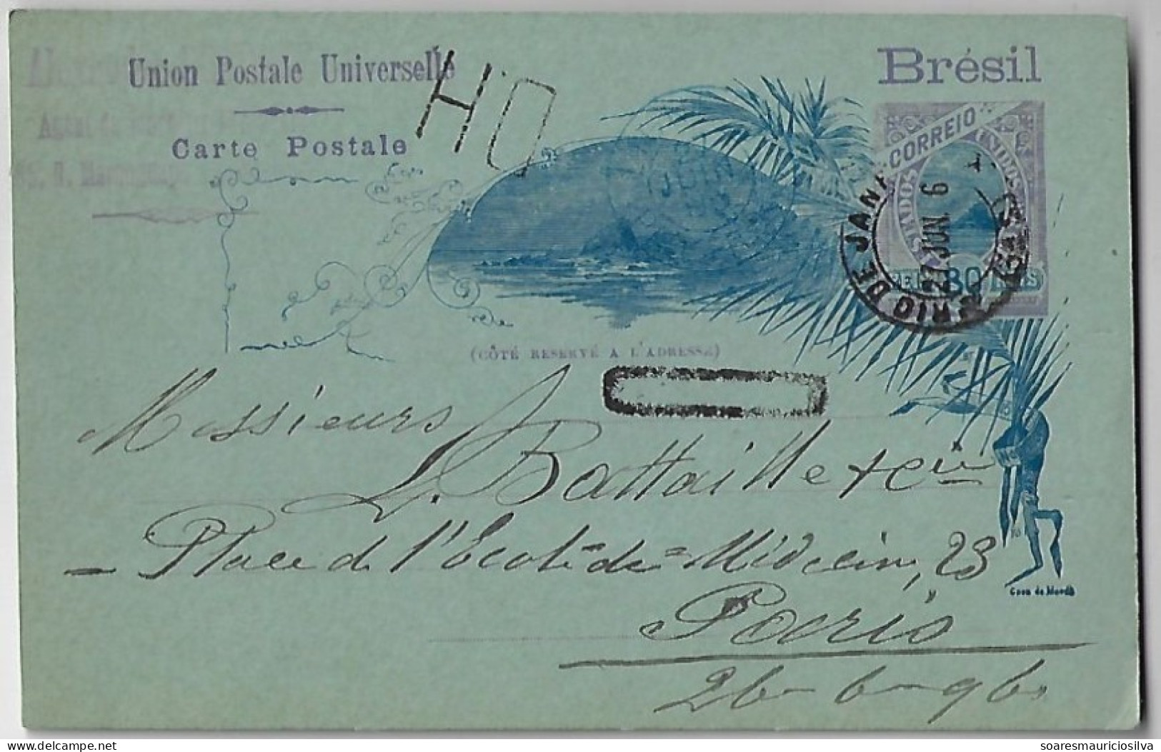 Brazil 1896 Postal Stationery Card Stamp 80 Réis From Rio De Janeiro To Paris France Cancel DH +clips +maritime Postmark - Ganzsachen