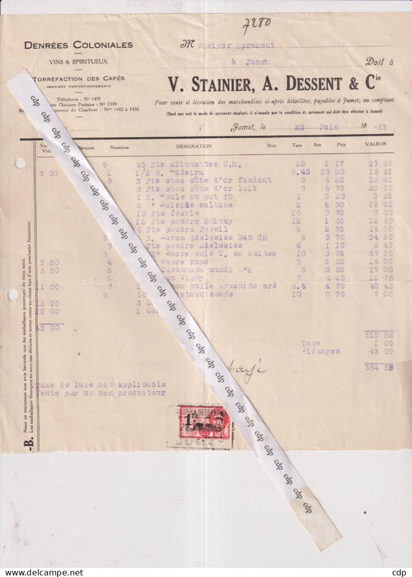 JUMET Facture Denrées Coloniales   1933 - Alimentaire
