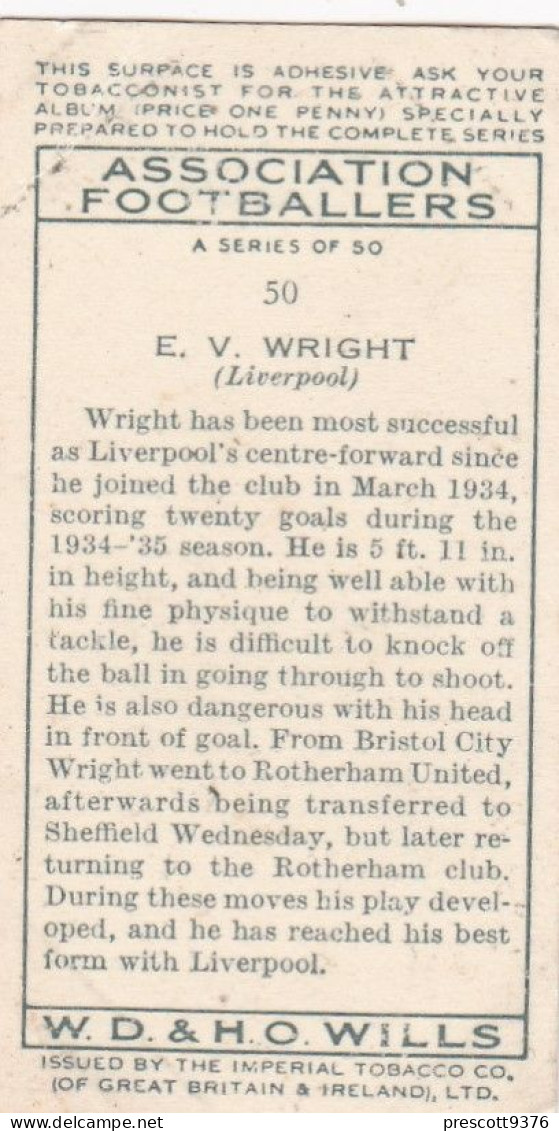 50 E Wright Liverpool  - Wills Cigarette Card - Association Footballers, 1935 - Original Card - Sport - Wills