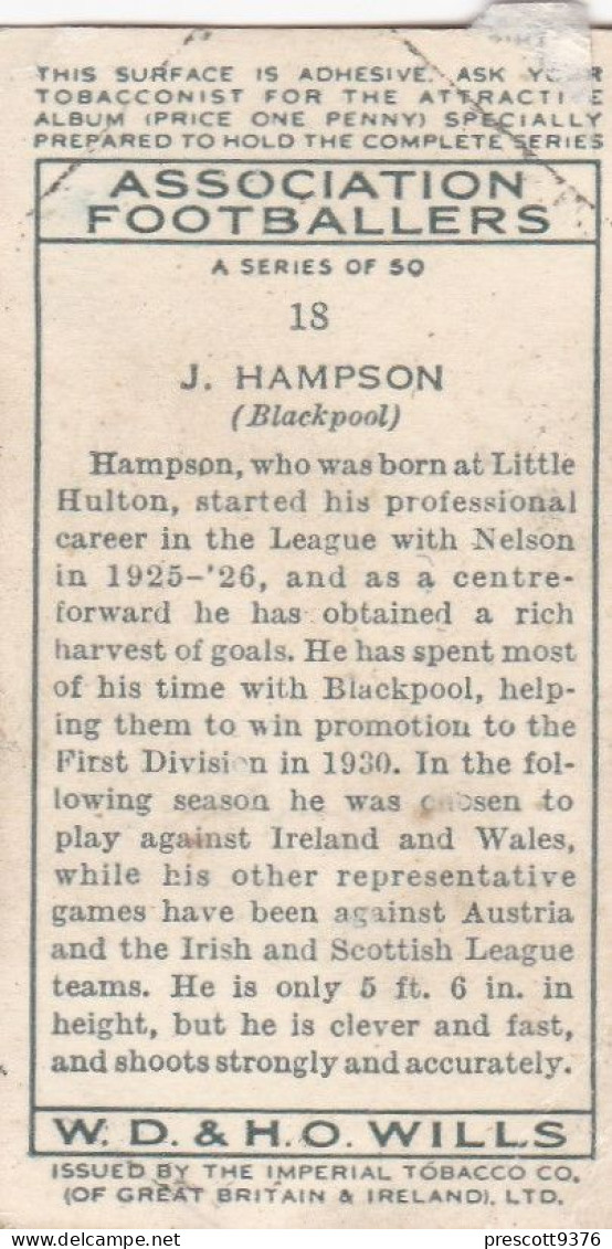 18 J Hampson, Blackpool FC  - Wills Cigarette Card - Association Footballers, 1935 - Original Card - Sport - Wills