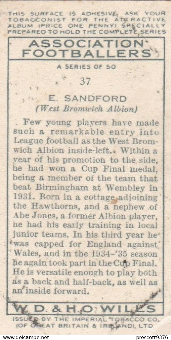 37 E Sandford West Bromwich Albion FC  - Wills Cigarette Card - Association Footballers, 1935 - Original Card - Sport - Wills