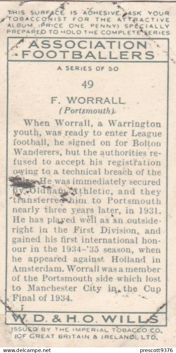 49 F Worrall Portsmouth FC  - Wills Cigarette Card - Association Footballers, 1935 - Original Card - Sport - Wills