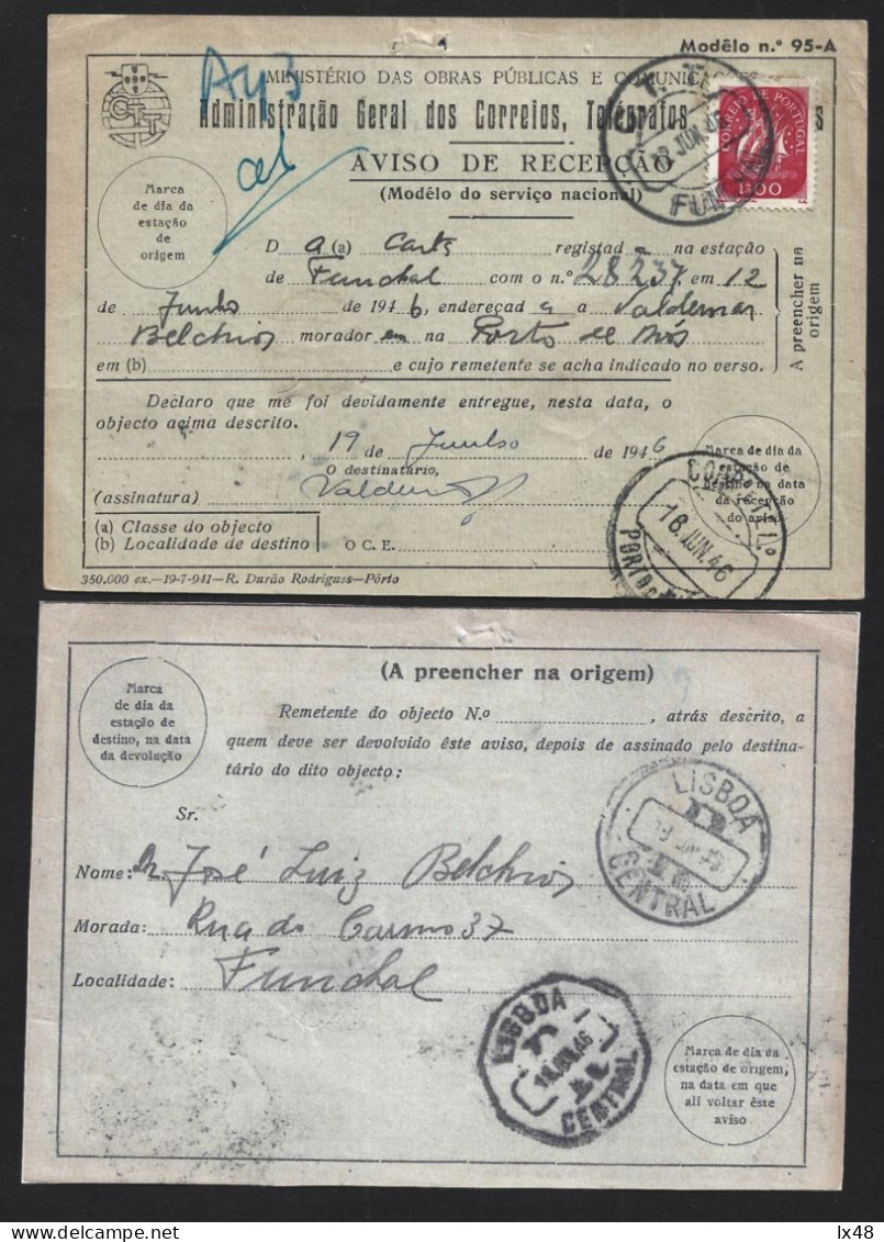 Aviso De Receção 1946. Stamp Caravela. Obliteração Funchal, Lisboa Registo E Porto De Mós. Acknowledgment Of Receipt Fr - Lettres & Documents