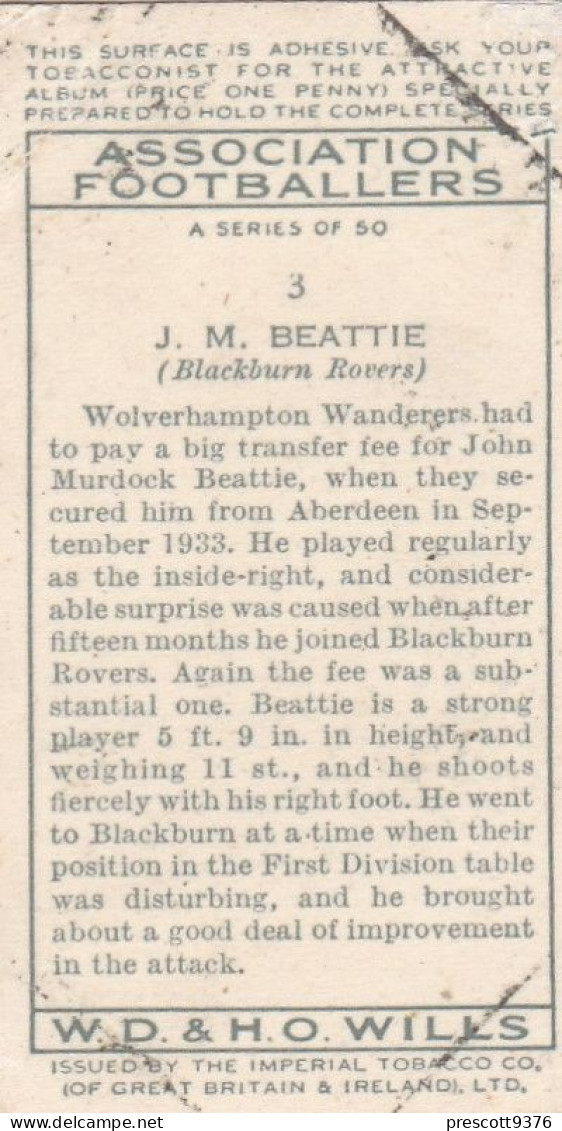 3 J Beattie, Blackburn Rovers FC  - Wills Cigarette Card - Association Footballers, 1935 - Original Card - Sport - Wills