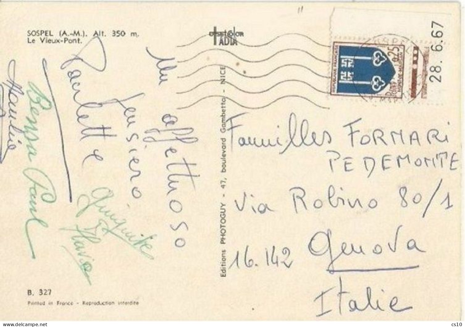 France Ecusson Marsan F0,25 COIN DATE' 28.6.67 Used Pcard Sospel 25mar68 X Italy - Lettres & Documents