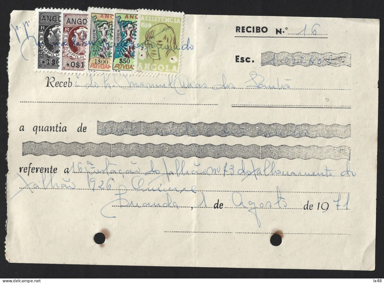 Recibo De Angola 1971 Com Stamps Assistência E Povoamento Utilizados Como Estampilha Fiscal. Angola Receipt From 1971 Wi - Lettres & Documents