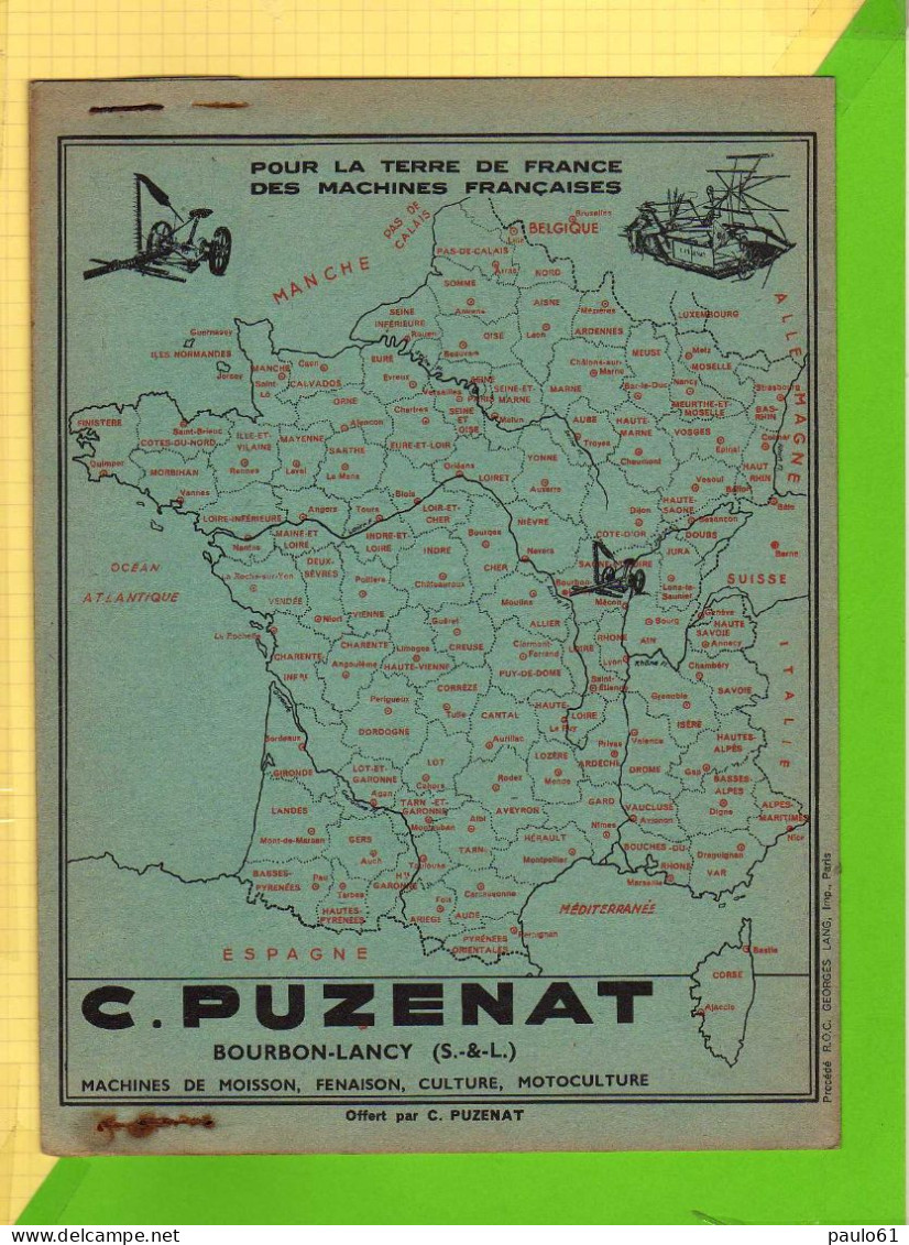 PROTEGE CAHIER Ancien  Avec Agrafe :Les Machines Agricoles PUZENAT  . Ecoliers - Protège-cahiers