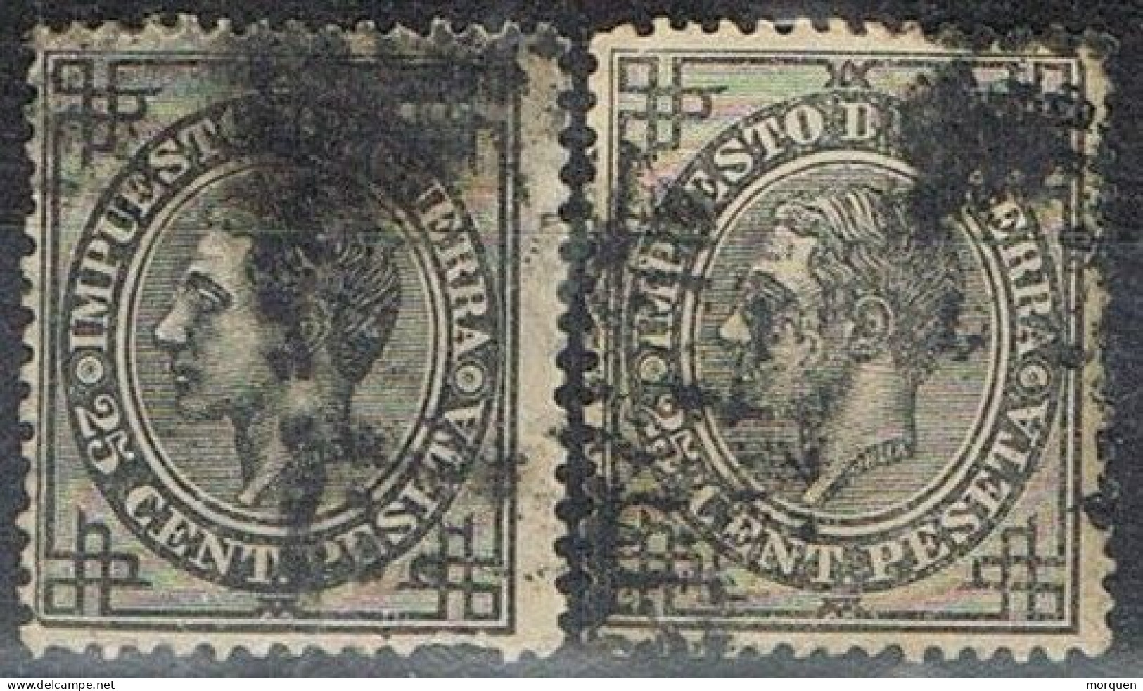 Dos Sellos 25 Cts Impuesto Guerra Alfonso XII, VARIEDAD Color, Num 185-185a º - Usados