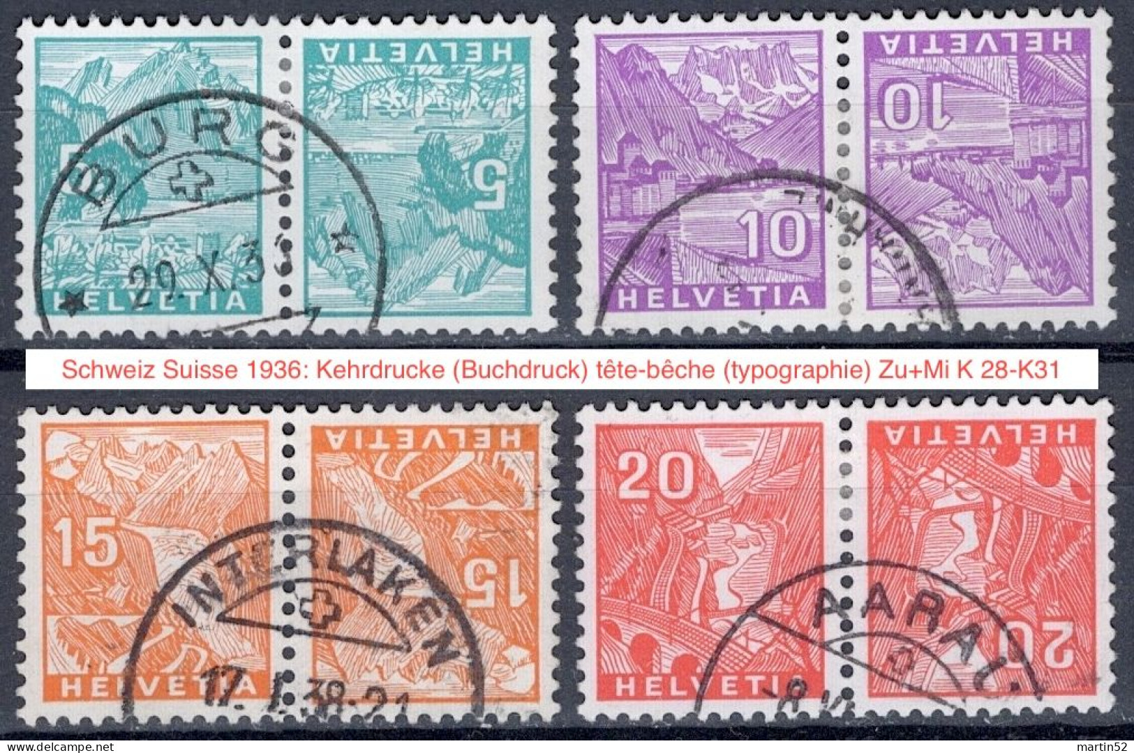 Schweiz Suisse 1936: Kehrdrucke (Buchdruck) Tête-bêche (typographie) Zu+Mi K 28-K31 ⊙ INTERLAKEN 17.I.38 (Zu CHF 39.00) - Tête-bêche