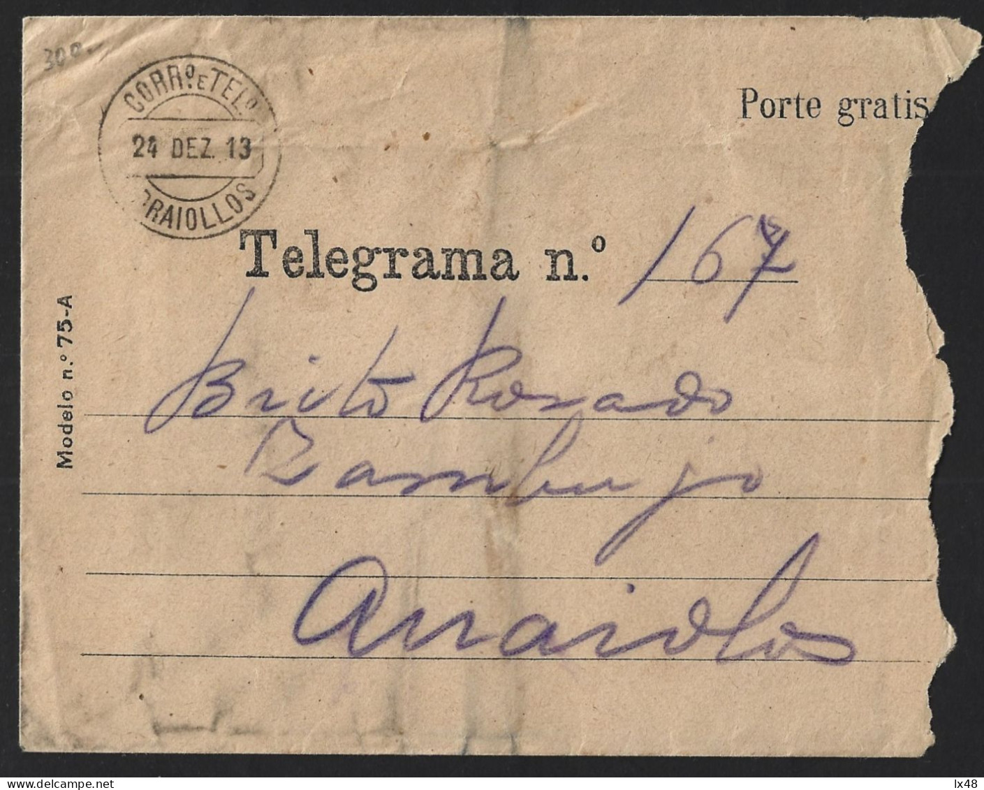 'Porte Gratis' Telegram Envelope, Obliteration Of Arraiollos In 1913.Envelope Telegrama 'porte Gratis', Marca Arraiollos - Lettres & Documents