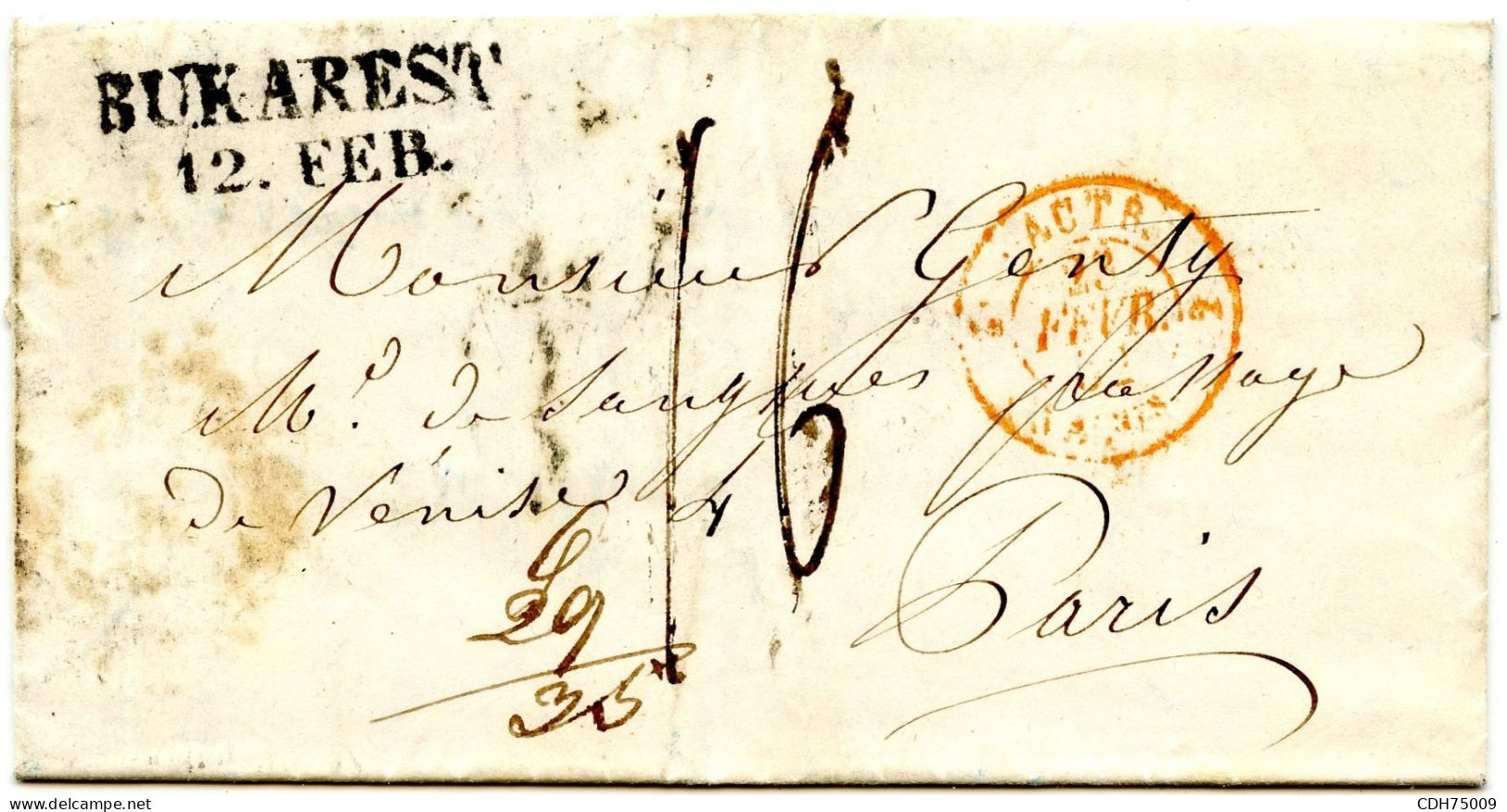 RUSSIE - BUKAREST 12. FEB. SUR LETTRE AVEC CORRESPONDANCE POUR PARIS, 1853 - ...-1857 Voorfilatelie
