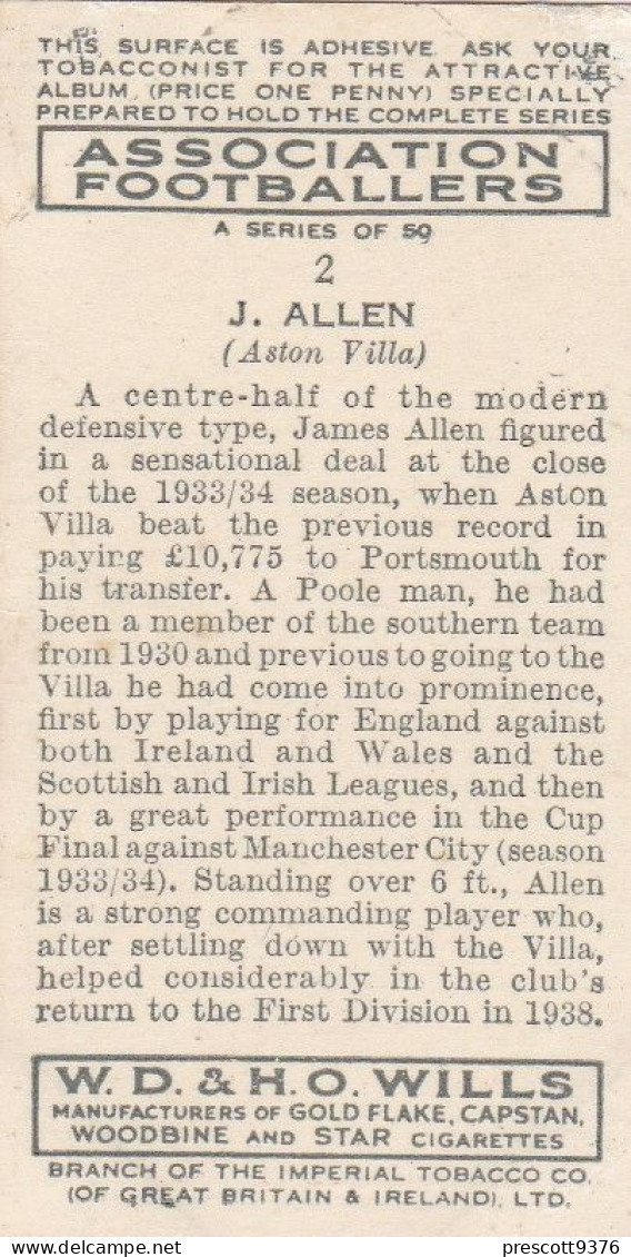 2 Jim Allen, Aston Villa FC  - Wills Cigarette Card - Association Footballers, 1935 - Original Card - Sport - Wills