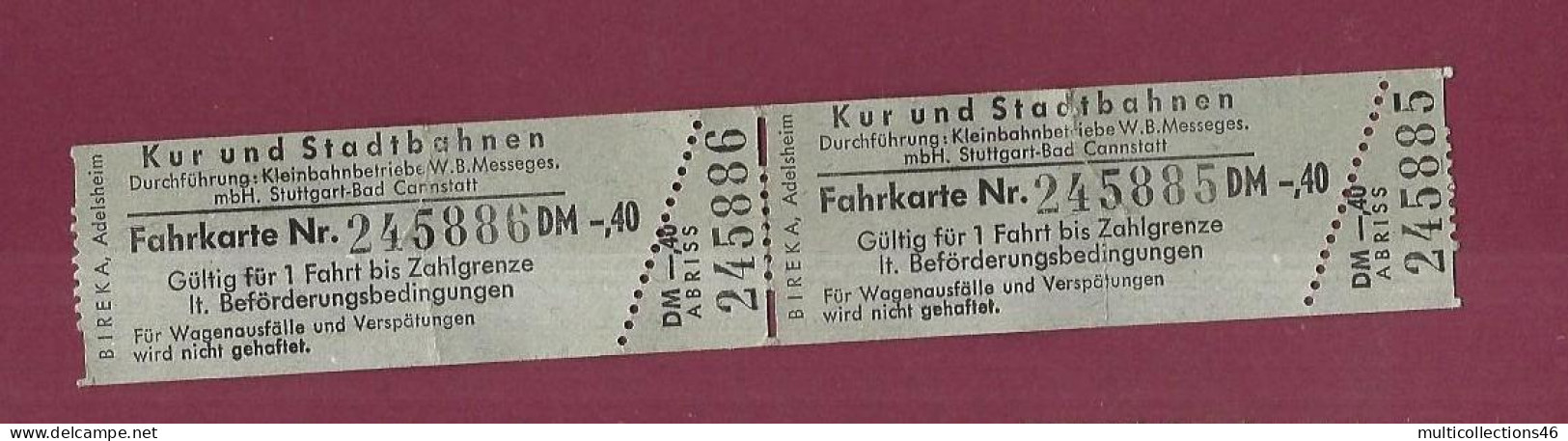 300124 - ALLEMAGNE - TICKET SPA TRAMWAY - Kur Und Stadtbahnen - Stuttgart-Bad Cannstatt - 245885 245886 DM 40 - Europe