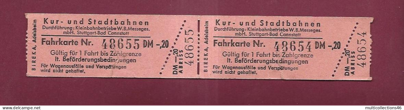 300124 - ALLEMAGNE - TICKET SPA TRAIN LEGER SUR RAIL Kur Und Stadtbahnen - Stuttgart-Bad Cannstatt - 48655 48654 DM 0.20 - Europe