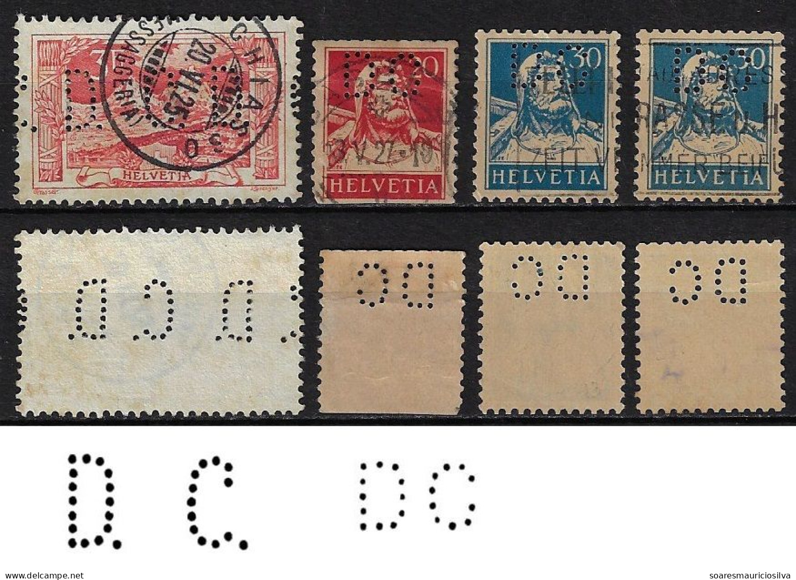 Switzerland 1910/1927 4 Stamp With Perfin D.C. And DC By AG Danzas & Co International Transport Lochung Perfore - Gezähnt (perforiert)