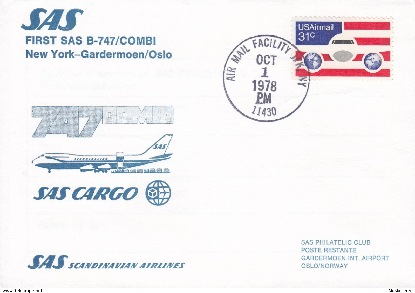 United States First SAS Cargo B-747/Combi NEW YORK - GARDERMOEN/OSLO, JFK NEW YORK 1978 Cover Brief Lettre - Schmuck-FDC