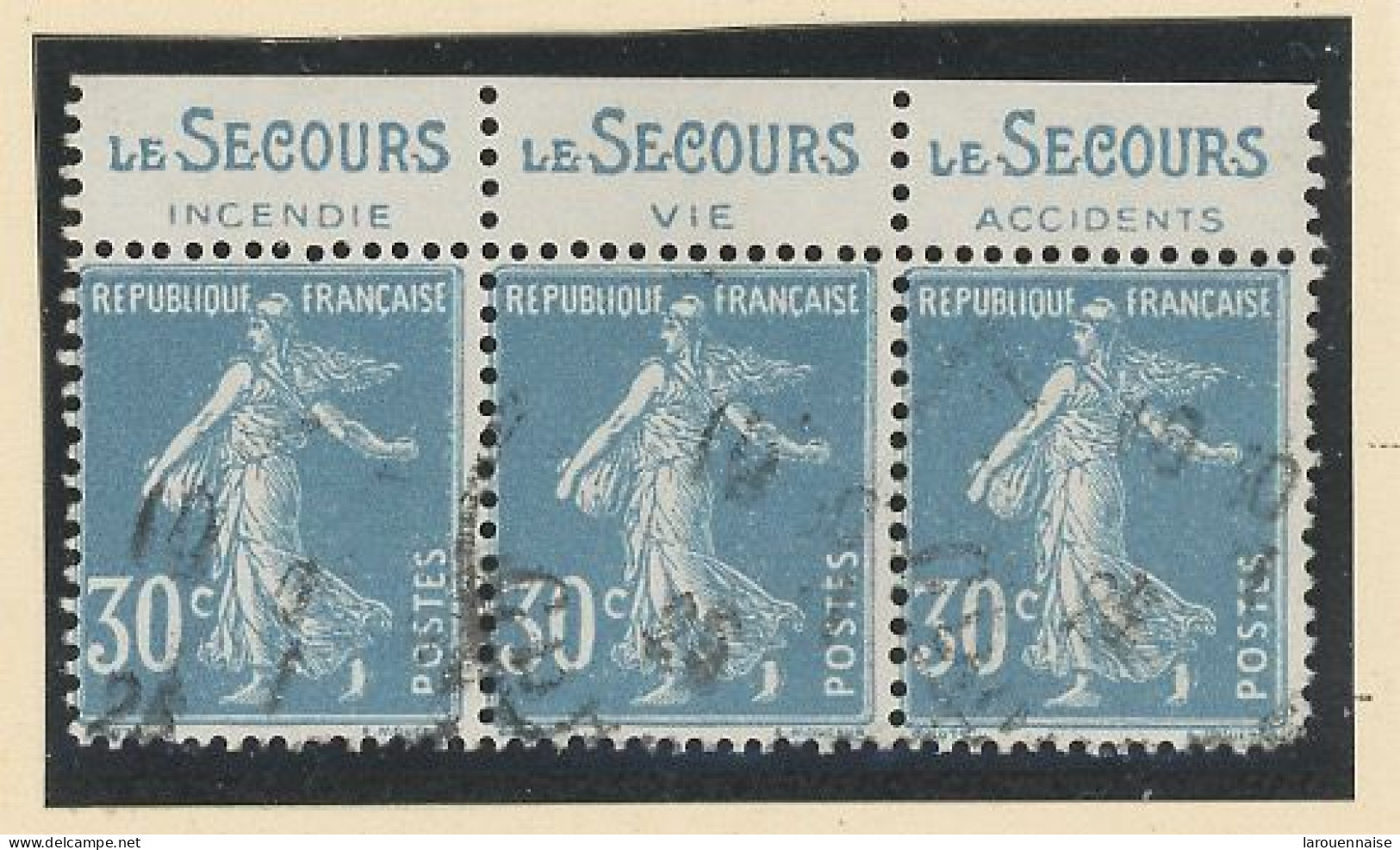 BANDE PUB -N°192-SEMEUSE CAMÉE TYPE II B   Obl - 30 C BLEU  -  BANDE DE 3 - PUB -LE SECOURS - Gebraucht