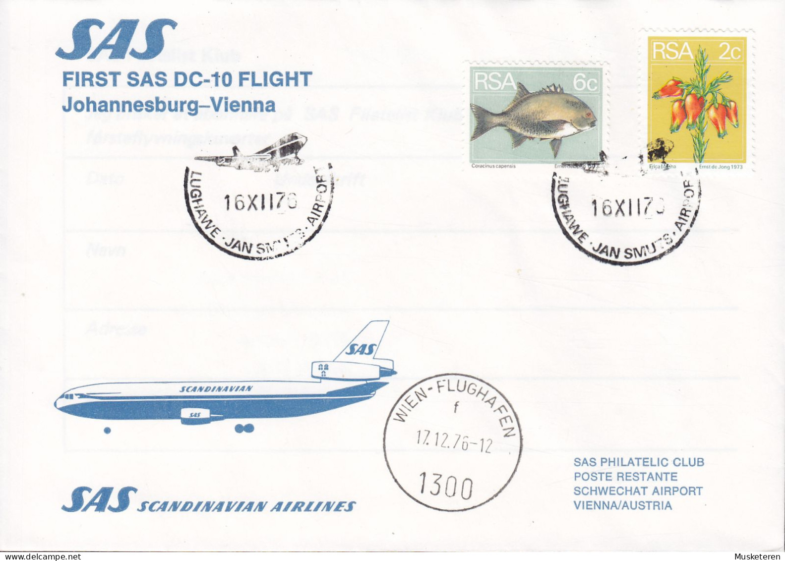 South Africa First SAS DC-10 Flight JOHANNESBURG-VIENNA 1976 Cover Brief Lettre WIEN-FLUGHAFEN (Arr.) Fish Fisch Poisson - Poste Aérienne