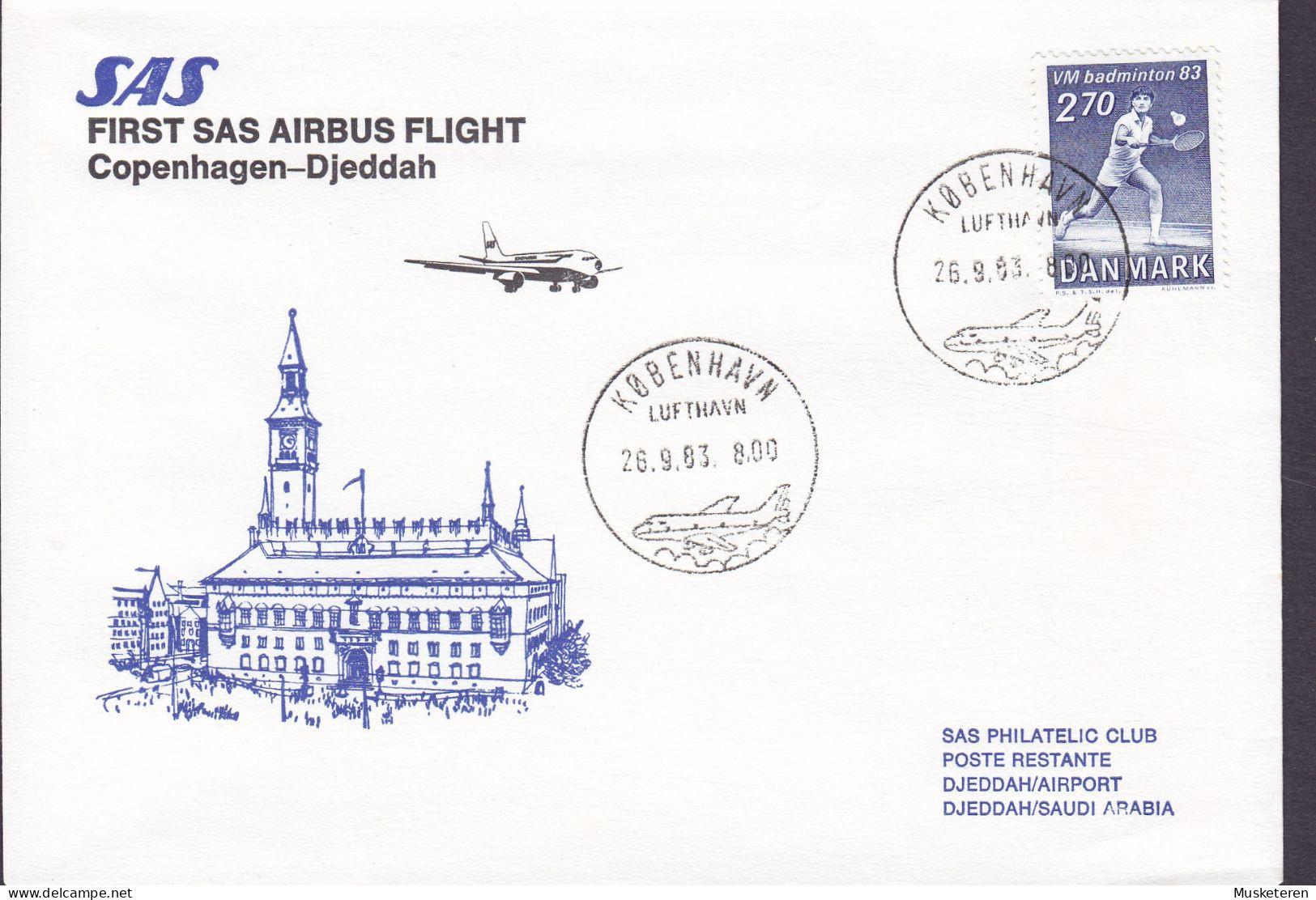 Denmark First SAS AIRBUS Flight COPENHAGEN - DJEDDAH Saudi Arabia, KØBENHAVN LUFTHAVN 1983 Cover Brief Lettre Badminton - Poste Aérienne