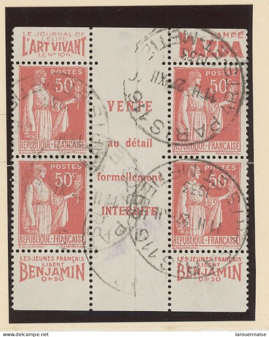 BANDE PUB -N°283  PAIX TYPE II A  Obl - 2 PAIRES   AVEC CENTRE DE CARNET - ( MAURY 198d + 214 B) - Oblitérés