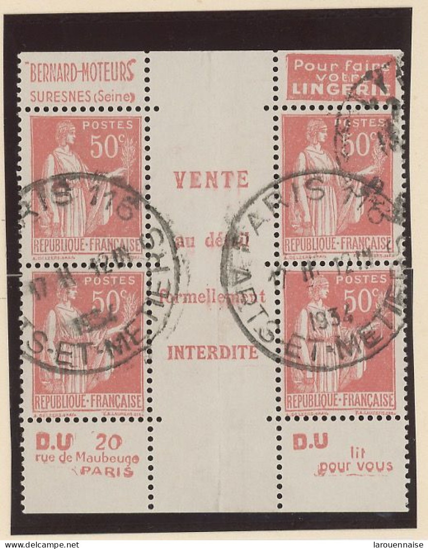 BANDE PUB -N°283  PAIX TYPE II A  Obl - 2 PAIRES   AVEC CENTRE DE CARNET - ( MAURY 201 E + 219b) - Used Stamps