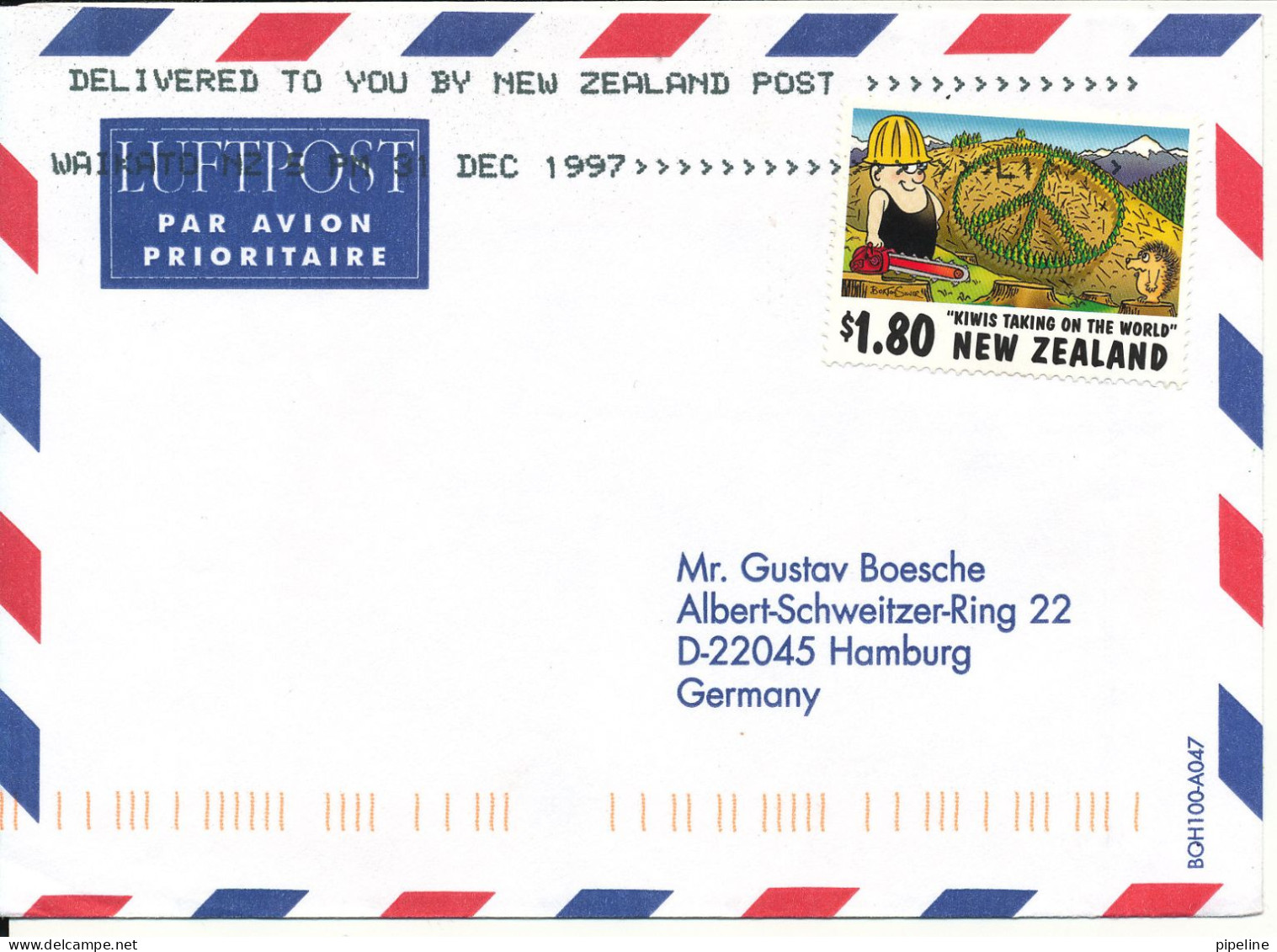 New Zealand Cover Sent Air Mail To Germany 31-12-1997 Single Franked - Posta Aerea