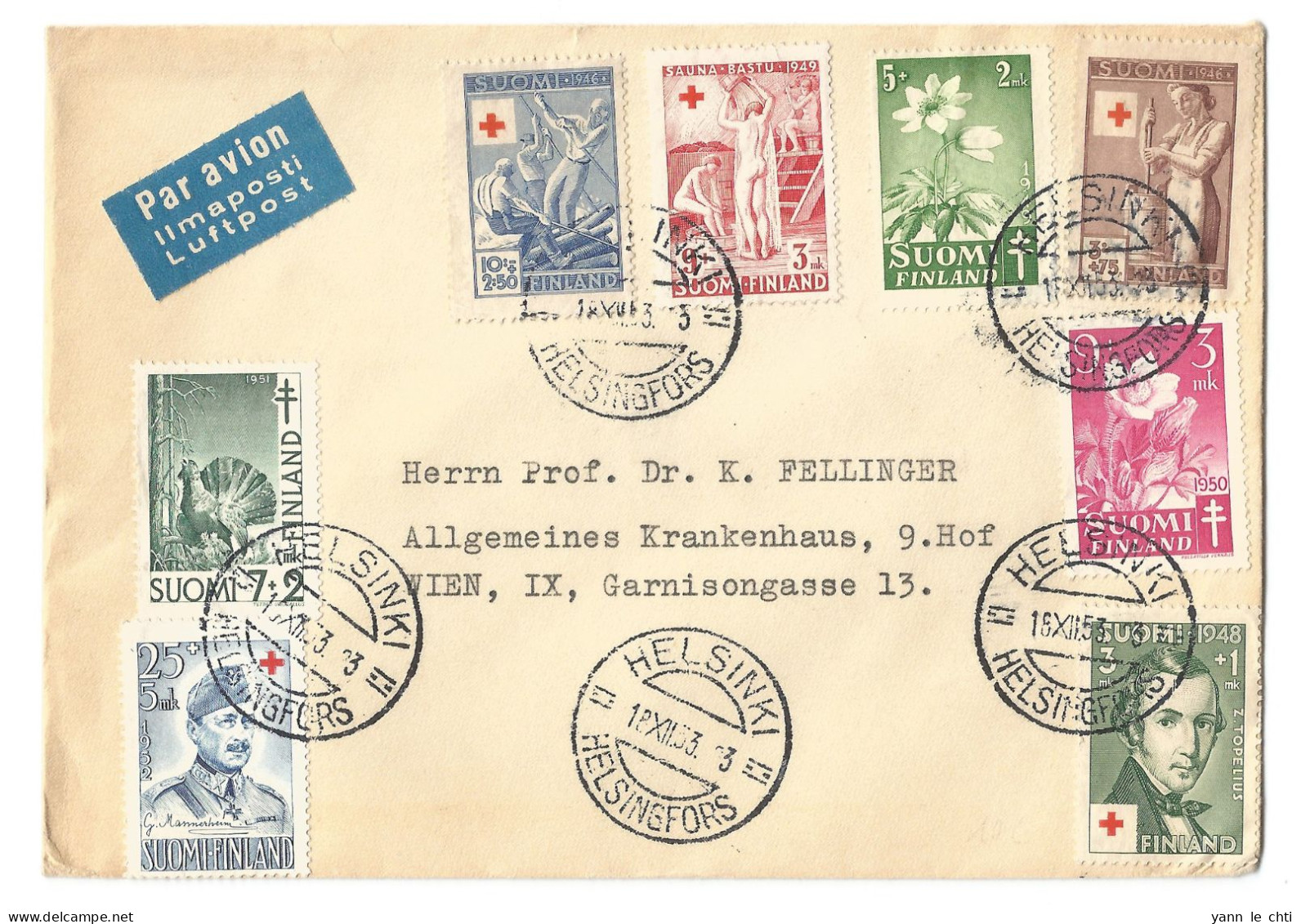 Cover Enveloppe 1953 Helsinki Suomi Finland To Wien Osterreich Par Avion Luftpost Limaposti Croix Rouge Rotes Kreuz - Briefe U. Dokumente