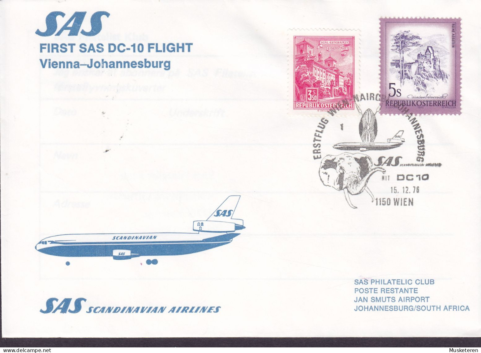 Austria First SAS DC-10 Flight VIENNA-JOHANNESBURG Erstflug WIEN-NAIROBI-JOHANNESBURG 1976 Cover Brief Lettre Elephant - Premiers Vols
