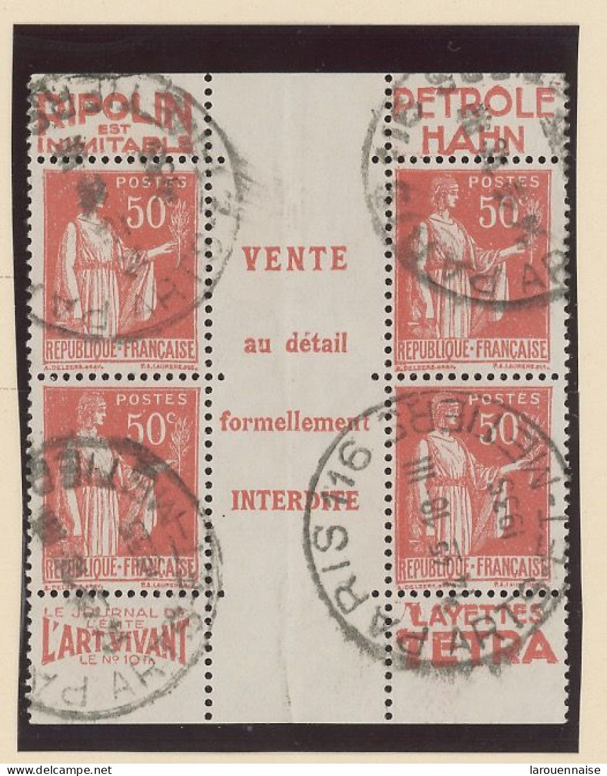 BANDE PUB -N°283  PAIX TYPE II A  50c ROUGE  Obl - 2 PAIRES   AVEC CENTRE DE CARNET - ( MAURY 218b +212 C) - Used Stamps